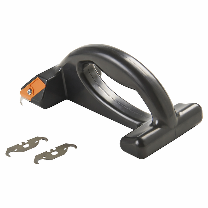 Black and orange vinyl cutting tool with two metal blades on a white background