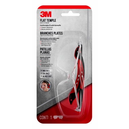 3M Safety Glasses, Black Clear, Flat Temple, Size 3