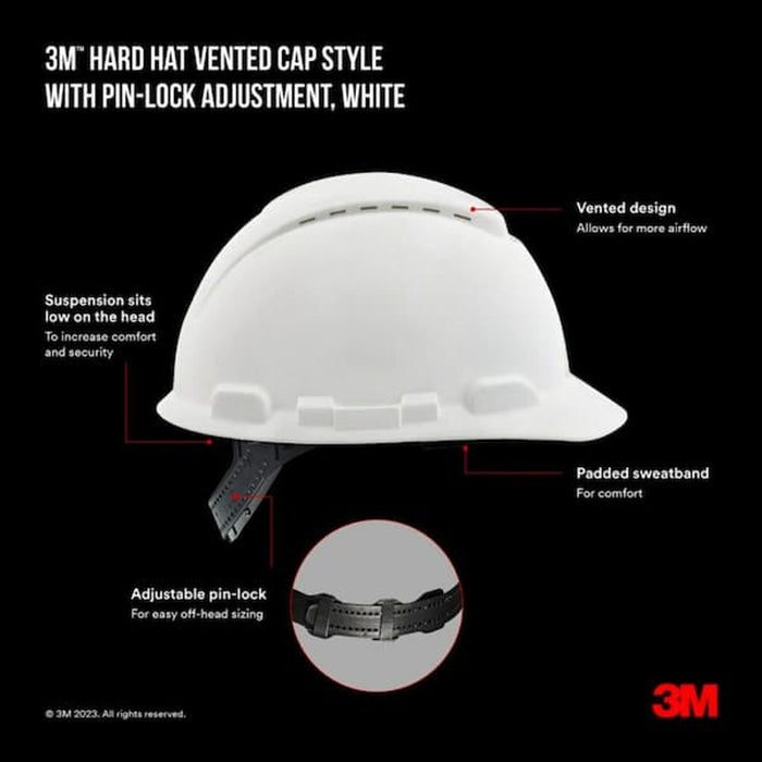 3M Vented Hard Hat White, Size 3 Pinlock