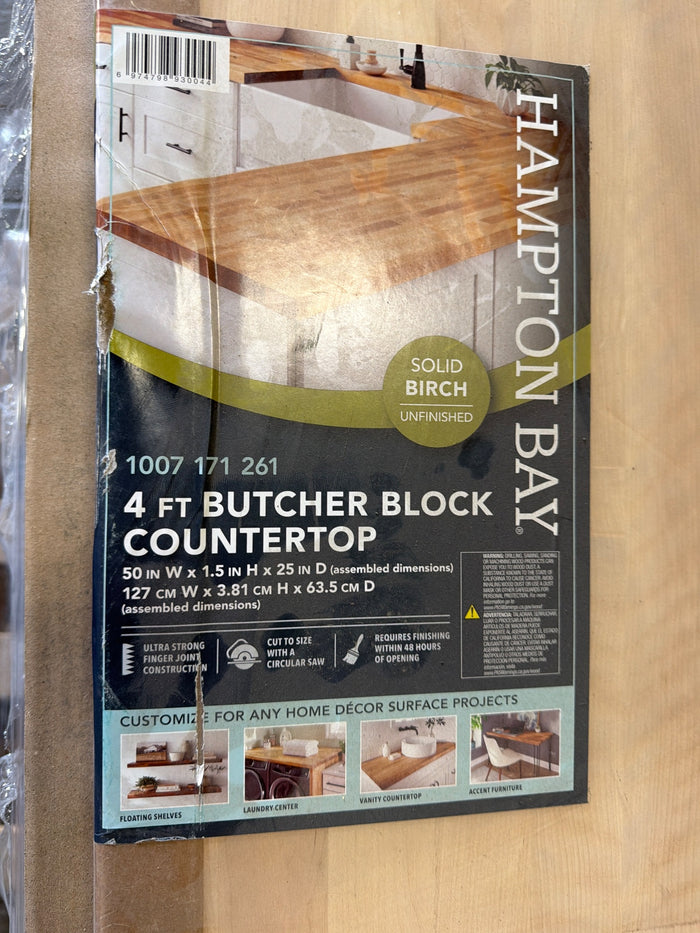 4 Ft. L X 25 in. D Unfinished Birch Solid Wood Butcher Block Countertop with Square Edge