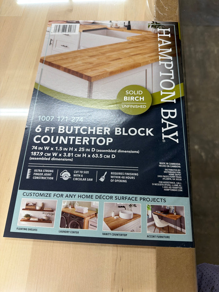 6 ft. L x 25 in. D Unfinished Birch Solid Wood Butcher Block Countertop with Square Edge