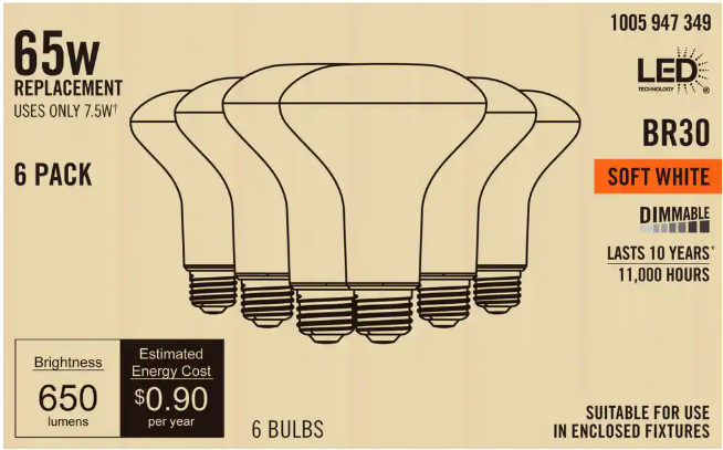 65-Watt Equivalent BR30 Dimmable Flood  LED Light Bulb Soft White (6-Pack)