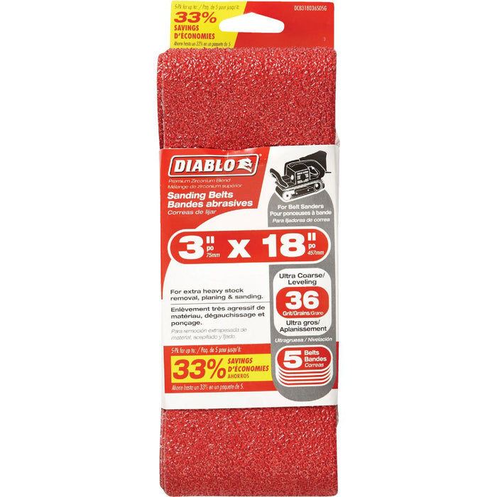 Diablo 3x18 Inch 36 Grit Sanding Belt Pack of 5