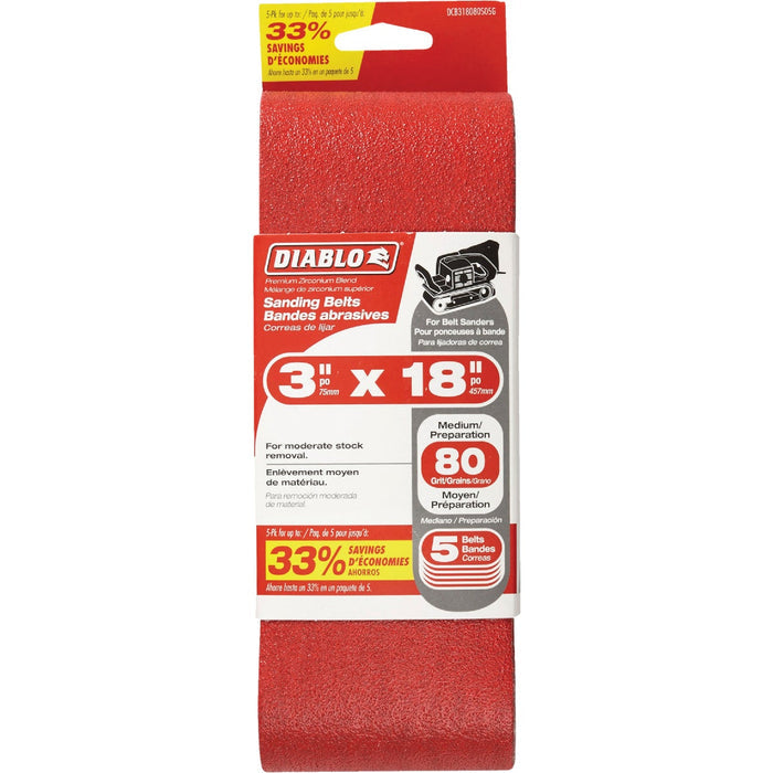 Diablo 3x18 Inch 80 Grit Sanding Belt 5 Pack
