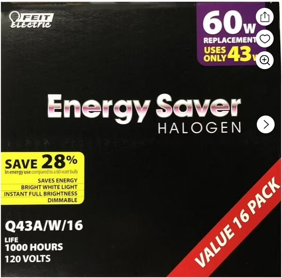 Feit Electric Halogen 43W (60W Equivalent) Bright White Light Bulbs, Mercury  Free (16 Pack)