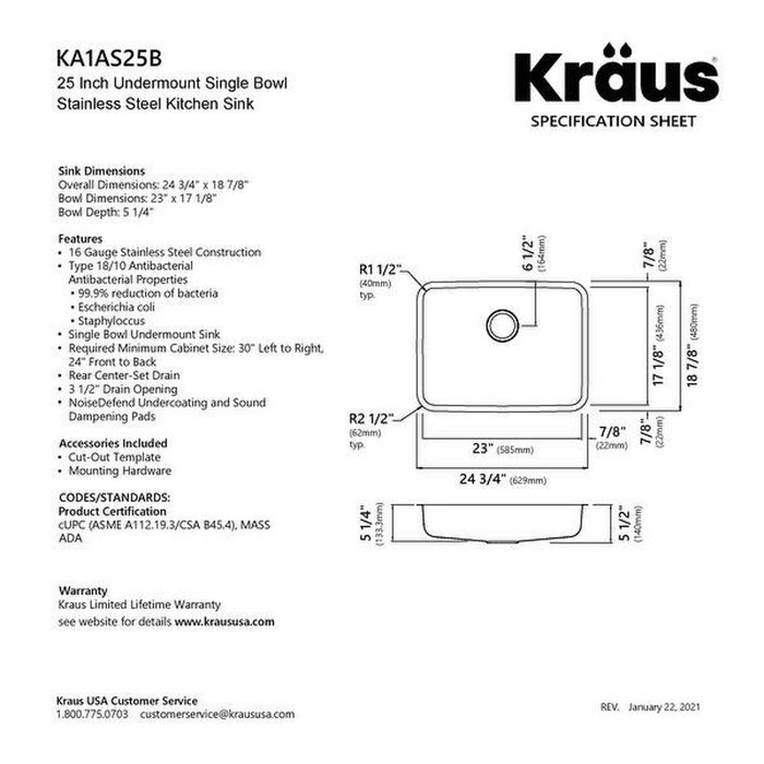 Kraus Dex 17" Undermount Single Basin Stainless Steel Sink, 16 7/8" x 18 3/4" x 5 1/4"