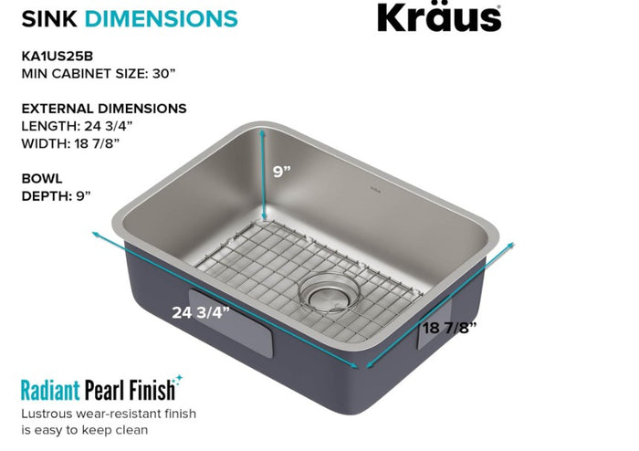 KRAUS Dex 25" Undermount Single Bowl Kitchen Sink – TRU16 (16-Gauge) Stainless Steel | KA1US25B