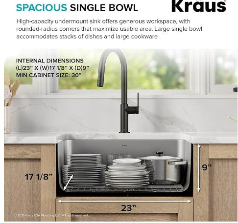 KRAUS Dex 25" Undermount Single Bowl Kitchen Sink – TRU16 (16-Gauge) Stainless Steel | KA1US25B