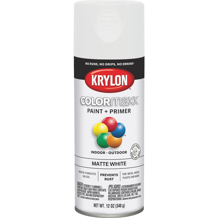 KRYLON Colormaxx Spray Paint, Matte White for Indoor/Outdoor Use 12 Oz can