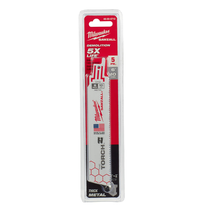 Milwaukee 6" 10 TPI TORCH SAWZALL Blades, 5 Pack