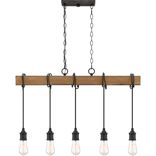 Quoizel Mesquite 5-Light Weathered Black with Faux Aged Walnut Farmhouse Linear Chandelier